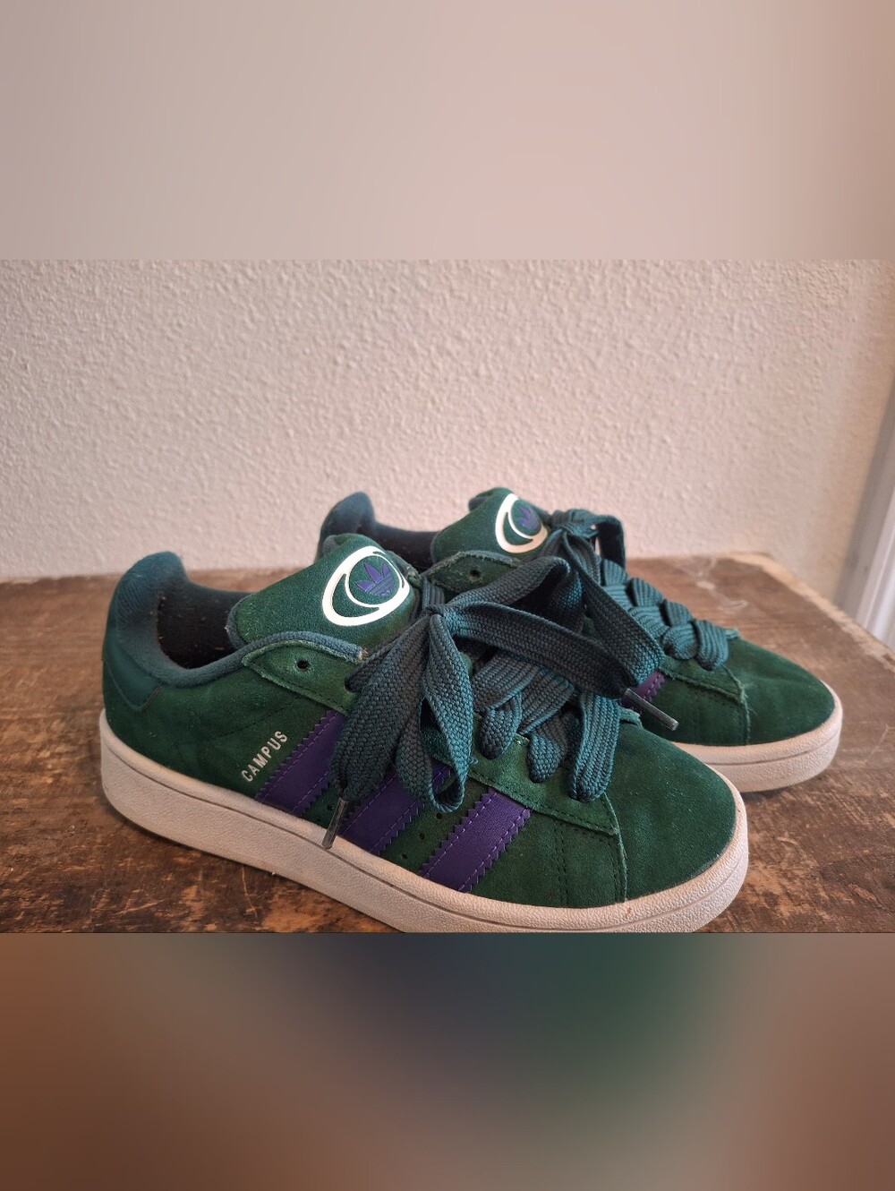 Adidas Campus Green Suede Sneakers with Purple Stripes